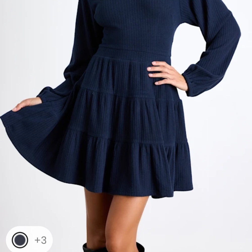 Lulu's Navy Ribbed Tiered Long-Sleeve Dress